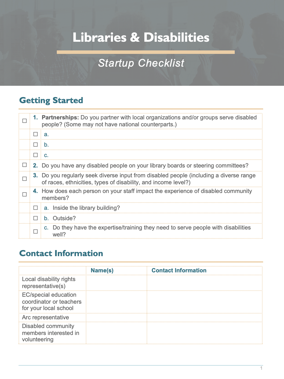Screenshot of the Libraries & Disabilities Startup Checklist, linked to the accessible .docx file