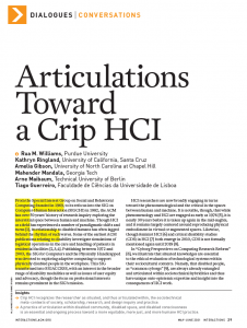 Screenprint of Journal Article. Headline says "Articulations toward a Crip HCI" by Rua Williams (Purdue University), Kathryn Ringland (University of California Santa Cruz), Amelia Gibson (UNC Chapel Hill), Mahender Mandala (Georgia Tech), Arne Maibaum (Technical University of Berlin), and Tiago Guerreiro (Faculdade de Ciencias da Universidade de Lisboa)