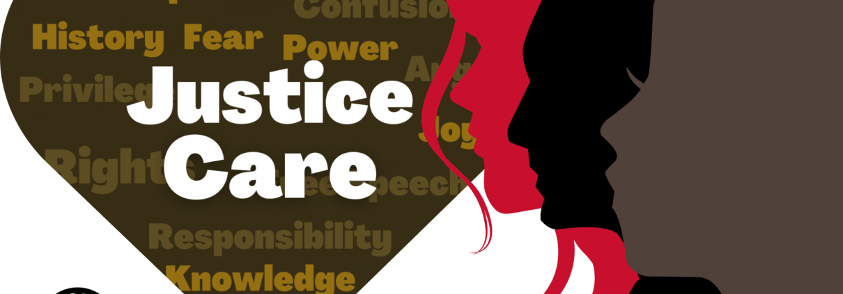 At right, the silhouette of three women in brown, black, and red, over a heart labeled "Justice" and "Care". At lower left is the CEDI logo.