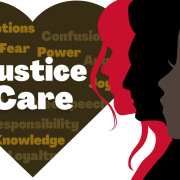 At right, the silhouette of three women in brown, black, and red, over a heart labeled "Justice" and "Care". At lower left is the CEDI logo.